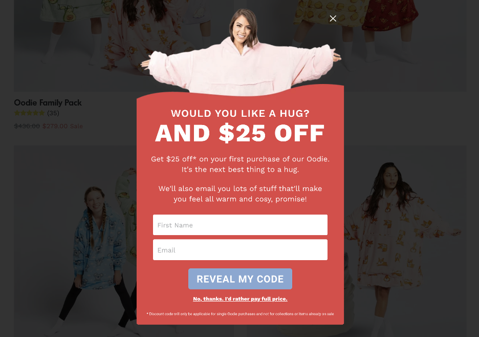 The Oodie exit intent popup with humor and $25 discount