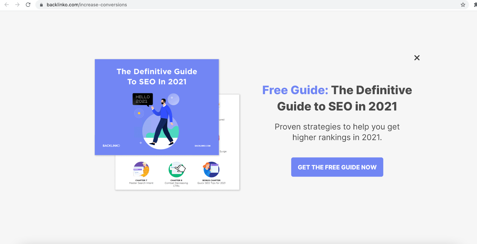 Backlinko exit intent popup with free SEO guide download
