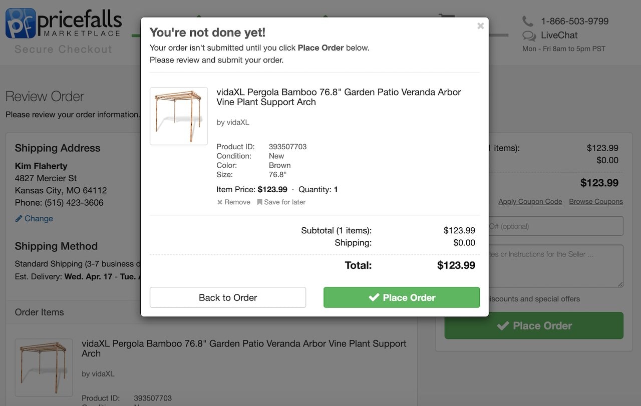 Pricefalls exit intent popup reminding visitors to complete checkout