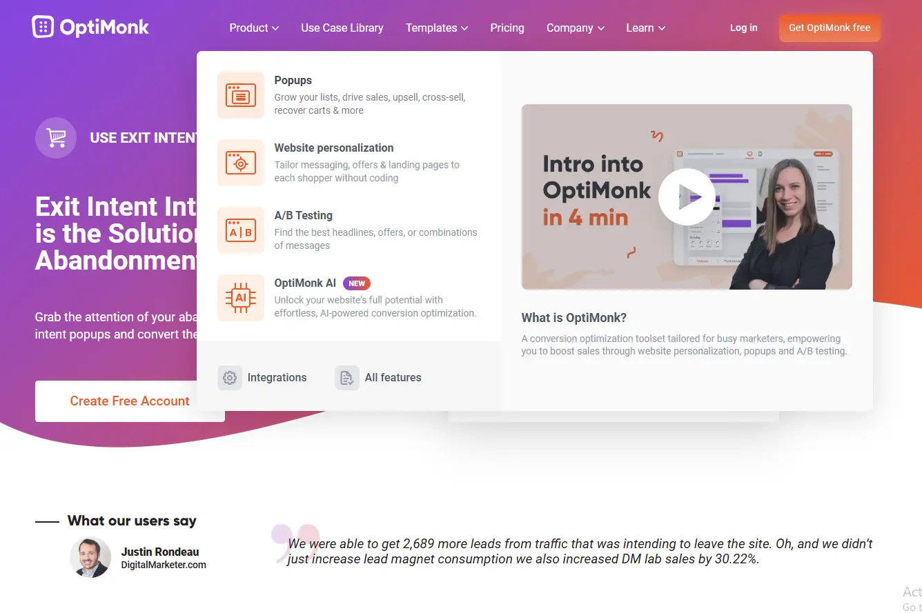 OptiMonk exit intent popup builder interface