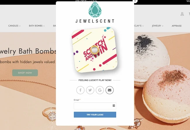 JewelScent exit intent popup with scratch and win gamification