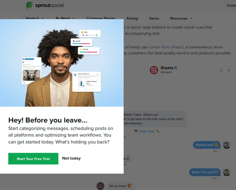 Sprout Social exit intent popup offering a free trial solution