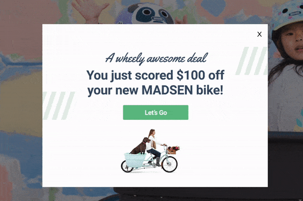 MADSEN Cycles exit intent popup with $100 discount and playful copy