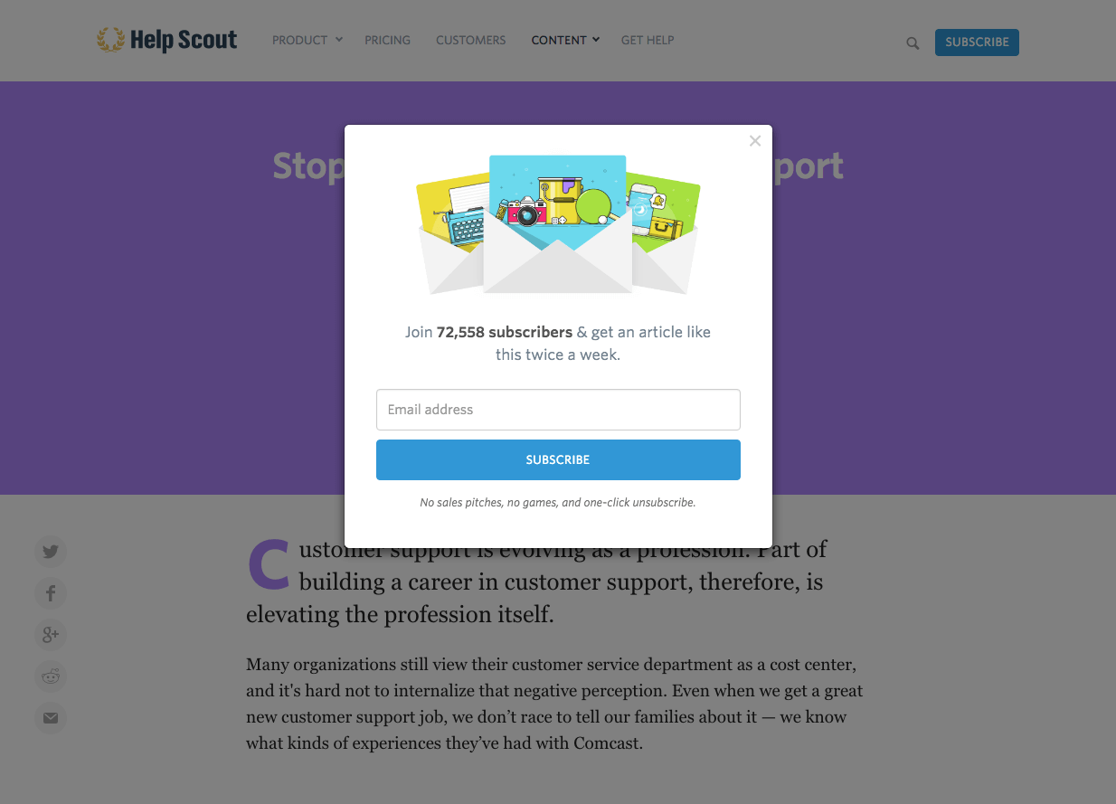 Help Scout exit intent popup example showing content lead magnet
