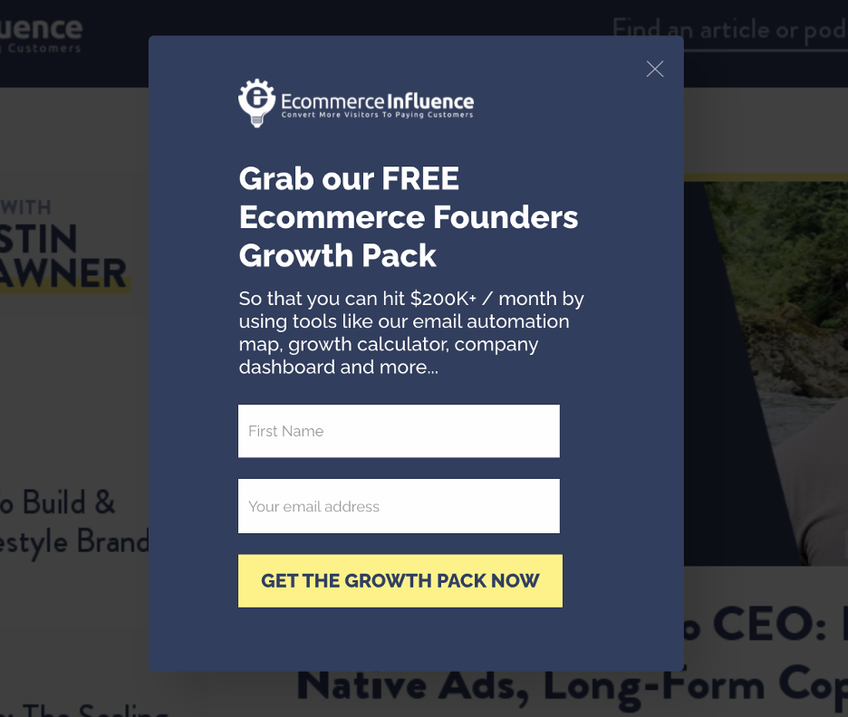 Ecommerce Influence exit intent popup offering a free growth pack